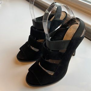 Nine West Strappy Velvet Black Peep Toe Heels Women’s Size 7